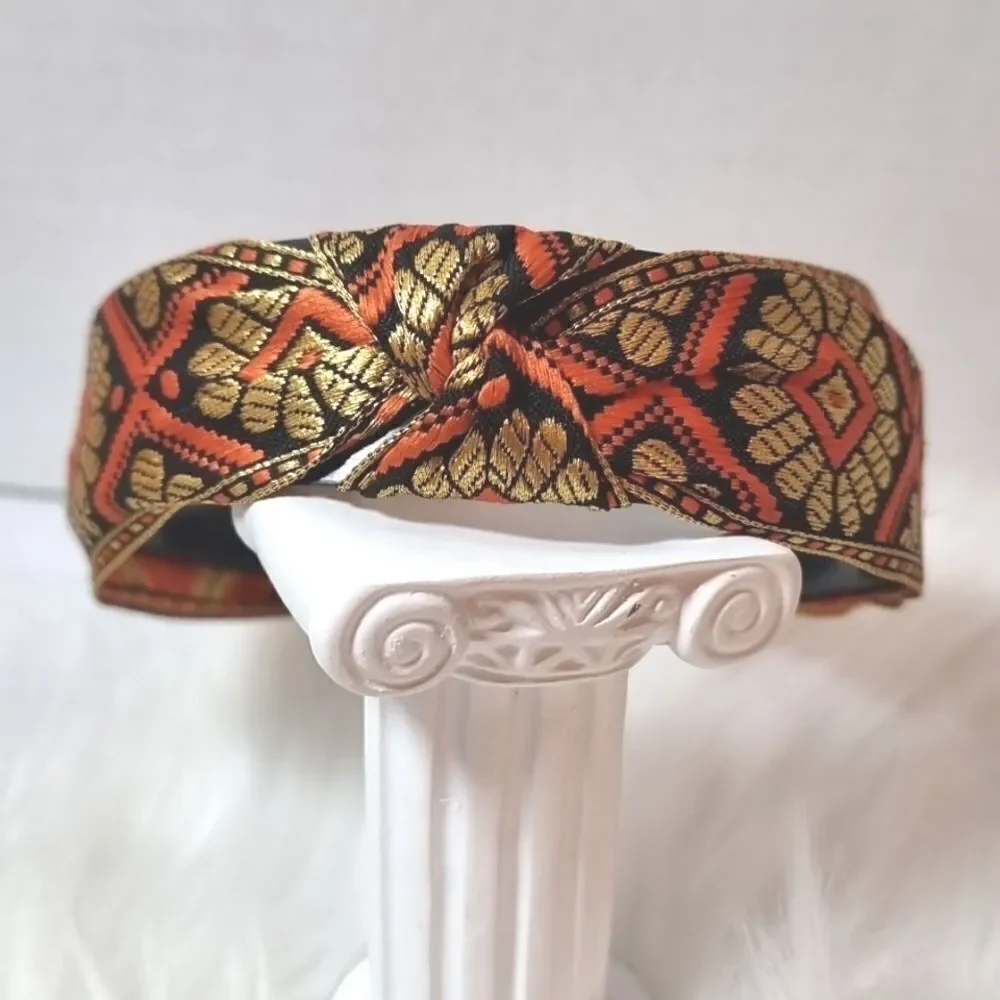 New! JEWELTONE JACQUARD SATIN FABRIC top knot orange gold black pattern headband